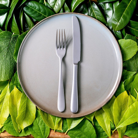 Empty ceramic plate with knife and fork on background made of green leaves, green gradient. Copy...