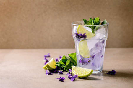 Transparent glass of floral lemonade soda cocktail with mint, violets flower ice and lime slices...