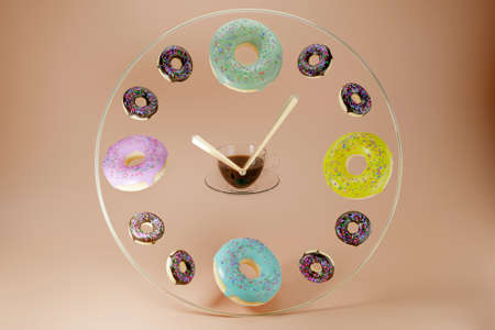 Realistic glazed levitation donuts and coffee as clock 3d render. Donuts with different chocolate...