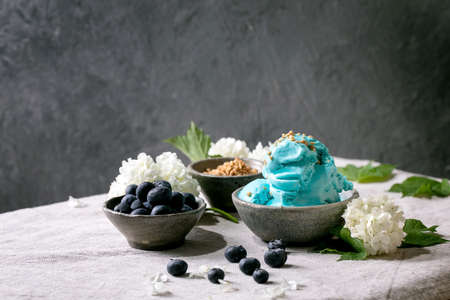 Homemade turquoise ice cream in ceramic bowl. Blueberries and white flowers around. Standing grey...