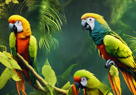 Tropical jungle with a vibrant cockatoo parrot surrounded by golden ink lines and a volumetric duotone color palette. Generative AI Generatedの素材