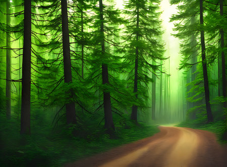 Beautiful forest painted in watercolor with a Kodachrome color palette featuring coniferous trees. Generative AI Generatedの素材