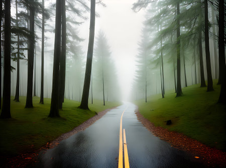 Realistic forest with rain warm lighting high detail neutral color palette and no one around. Generative AI Generatedの素材