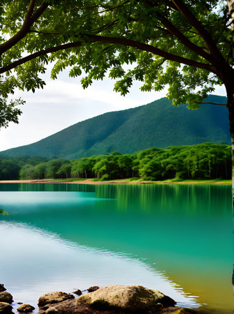 A realistic lake scene with warm lighting high detail and a tropical neutral color palette with no people present. Generative AI Generatedの素材
