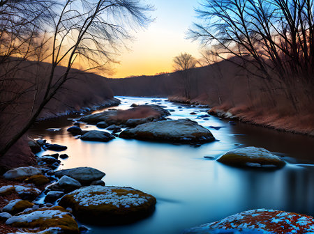 Realistic winter river scene with a neutral color palette warm lighting and high detail no people. Generative AI Generatedの素材