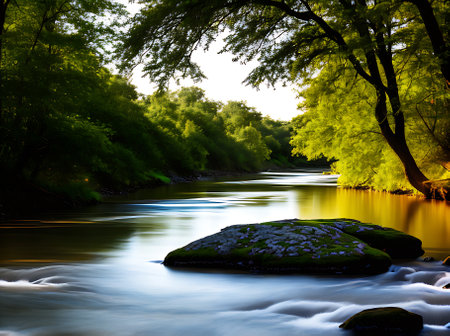Realistic river with footpath and warm lighting using highdetail and neutral color palette and no people present. Generative AI Generatedの素材