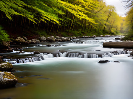 A lifelike river flanked by a subdued color scheme and bathed in cozy illumination. Complete with intricate detailing and devoid of human presence. Generative AI Generatedの素材