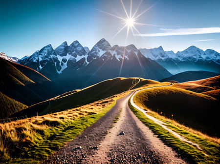 Beautifully detailed realistic mountains set against a neutral backdrop with warm lighting and a lone footpath to explore. Generative AI Generatedの素材