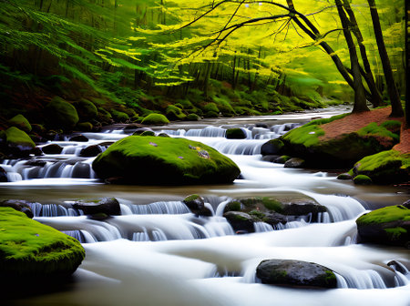 Realistic river with a spring natural shades warm lighting highly detailed and no humans. Generative AI Generatedの素材