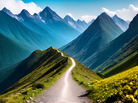 Volumetric footpath traversing majestic mountains adorned with hues reminiscent of a vintage color palette. Generative AI Generatedの素材