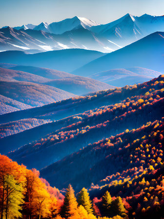 Vibrant neon colors adorn the flat landscape surrounded by mountains and deciduous trees. Generative AI Generatedの素材