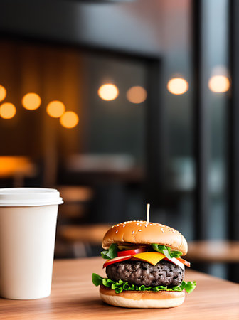 Realistic burger in cozy restaurant with warm lighting high detail neutral colors and no one around. Generative AI Generatedの素材
