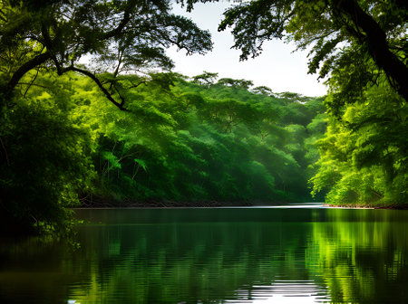A volumetric jungle surrounding a colorful lake in Kodachrome hue. Generative AI Generatedの素材