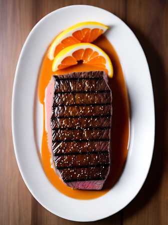 A cozy restaurant with warm lighting and high detail featuring a realistic steak and neutral color palette. The extreme long shot shows an empty venue. Generative AI Generatedの素材