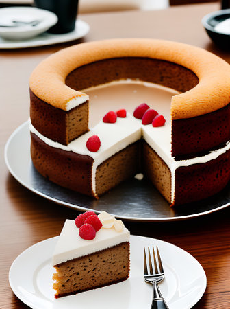 Realistic cake in neutral colors depicted with high detail and warm lighting set in a cozy restaurant without people in a medium shot. Generative AI Generatedの素材