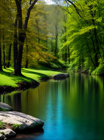 A magical lake touched by the essence of spring captured in a 3D design with a duotone color palette a true fairytale come to life. Generative AI Generatedの素材