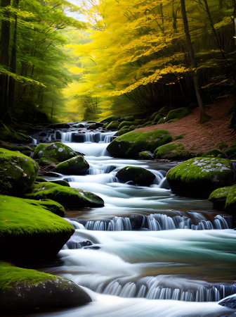 Vintage color palette river with volumetric flow originating from a spring. Generative AI Generatedの素材