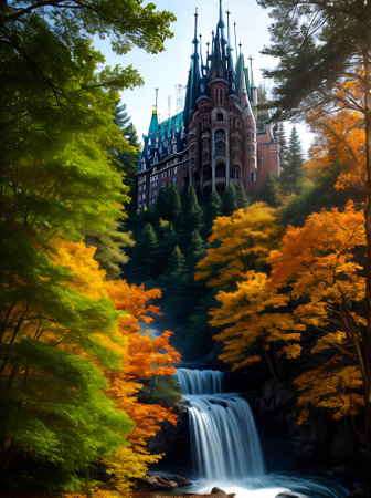 Autumnal forest is transformed into a volumetric alien world with soft pastel tones. Generative AI Generatedの素材