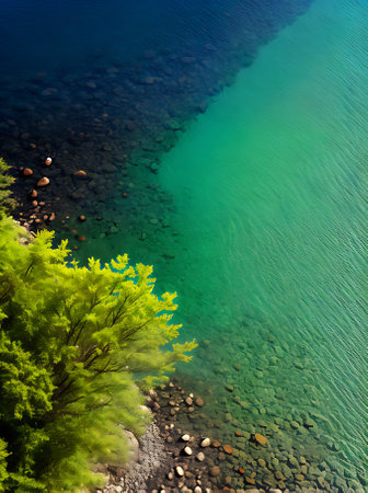 A flat river surrounded by coniferous trees featuring golden ink lines and a neon color palette. Generative AI Generatedの素材