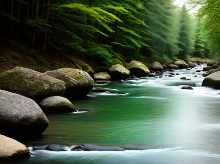 A flat river surrounded by coniferous trees featuring golden ink lines and a neon color palette. Generative AI Generatedの素材