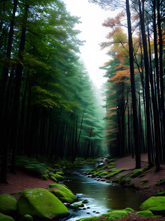 A stunning forest portrayed in a dark and beautiful watercolour style with colors reminiscent of Kodachrome film. Generative AI Generatedの素材