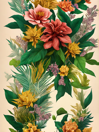 Vintage colored paper with tropical leaves and flowers depicted in golden ink lines creating a volumetric effect. Generative AI Generatedの素材