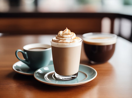 Warmly lit highly detailed restaurant serves realistic coffee in a cozy neutralcolored atmosphere without anyone else in sight all captured in extreme closeup. Generative AI Generatedの素材