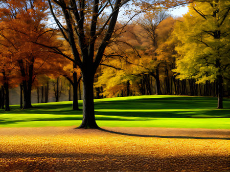 A 3D field with deciduous trees in vivid Kodachrome colors. Generative AI Generatedの素材