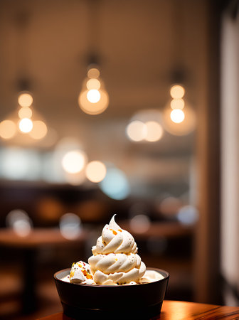 Realistic ice cream served at a cozy restaurant with warm lighting and high detail. Neutral colors create a comfortable atmosphere. No people in the shot. Generative AI Generatedの素材