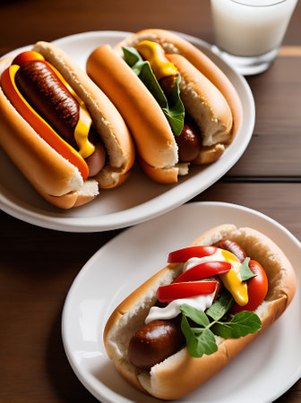 Realistic hot dog joint with cozy atmosphere. Neutral tones warm lighting and high detail. Empty of patrons. Generative AI Generatedの素材