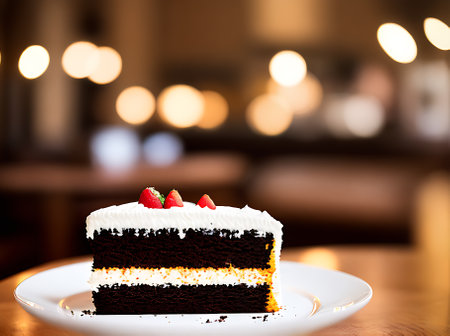 Realistic cake showcased at a cozy welllit restaurant. High attention to detail with warm lighting and neutral colors. Long shot with no people present. Generative AI Generatedの素材
