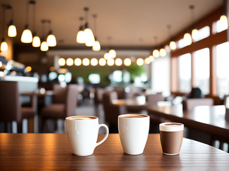 Realistic coffee and cozy atmosphere through highdetail long shots of a neutralcolored restaurant with warm lighting and no people. Generative AI Generatedの素材
