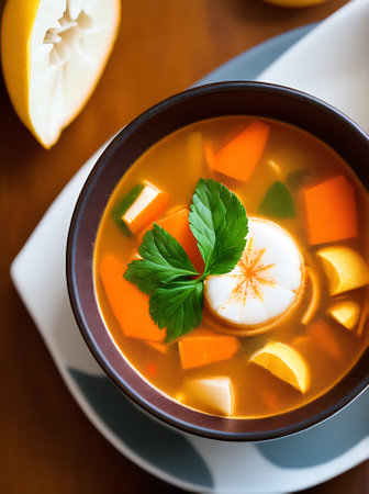 Cozy restaurant with warm lighting high detail and neutral colors serving a realistic Tom Yam soup. No people in closeup shots. Generative AI Generatedの素材