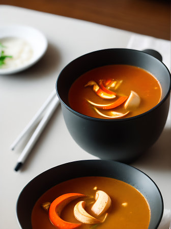 Cozy restaurant with warm lighting high detail and neutral colors serving a realistic Tom Yam soup. No people in closeup shots. Generative AI Generatedの素材