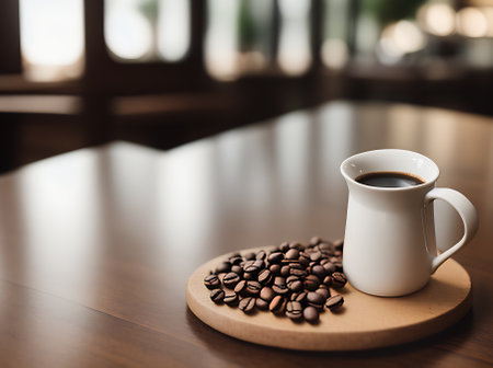 Cozy atmosphere in realistic coffee bean themed restaurant using warm lighting high detail and neutral color palette in a long shot with nobody present. Generative AI Generatedの素材