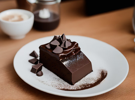 Realistic chocolate dessert in a cozy restaurant with a neutral color palette warm lighting and high detail. Nobody visible in the medium shot. Generative AI Generatedの素材