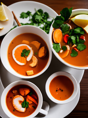 Cozy restaurant with warm lighting high detail and neutral colors serving a realistic Tom Yam soup. No people in closeup shots. Generative AI Generatedの素材
