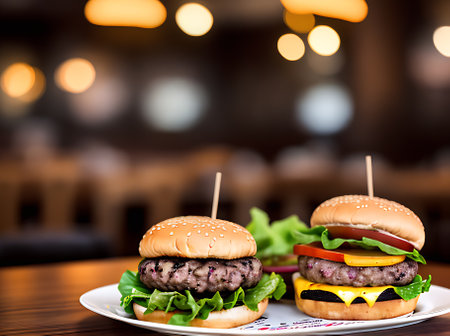 Realistic burger in a cozy atmosphere with warm lighting and detailed decor in a neutral color palette for a restaurant closeup. Nobody around. Generative AI Generatedの素材
