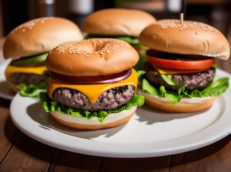 A realistic burger in a cozy restaurant with warm lighting and a neutral color palette. The highly detailed atmosphere is captured in an extreme closeup shot present. Generative AI Generatedの素材