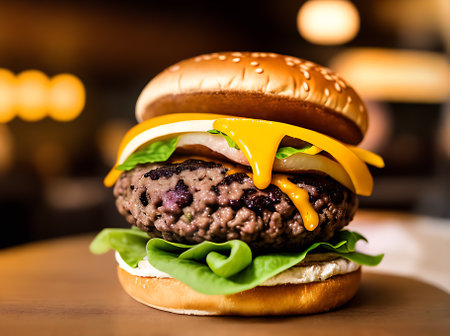 A realistic burger in a cozy restaurant with warm lighting and a neutral color palette. The highly detailed atmosphere is captured in an extreme closeup shot present. Generative AI Generatedの素材