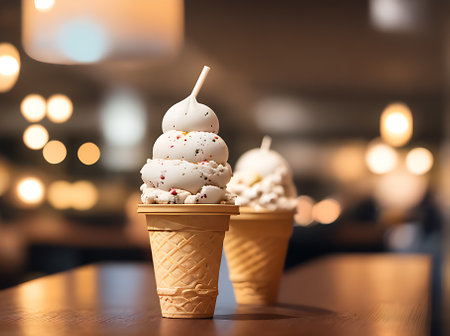 Highly detailed cozy atmosphere with warm lighting in a neutral color palette. A realistic icecream restaurant with an extreme long shot and nobody in sight. Generative AI Generatedの素材