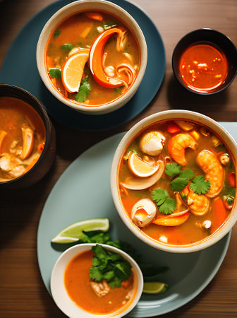Realistic Tom Yam soup served in a cozy restaurant with warm lighting and a neutral color palette. The highly detailed setting is depicted in a long shot with nobody around. Generative AI Generatedの素材