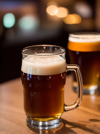 Realistic beer and cozy atmosphere in neutral tones with warm lighting characterize this detailed restaurant scene empty apart from a long shot view. Generative AI Generatedの素材