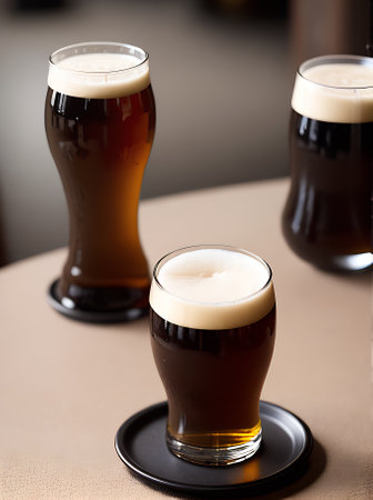 Detailed cozy restaurant with warm lighting offering a realistic dark beer in a neutral color palette to create an inviting ambiance. No people in sight. Generative AI Generatedの素材