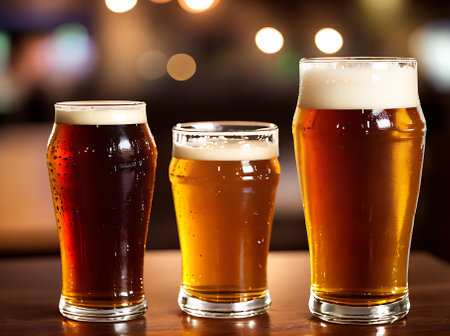 Realistic beer and cozy atmosphere in neutral tones with warm lighting characterize this detailed restaurant scene empty apart from a long shot view. Generative AI Generatedの素材