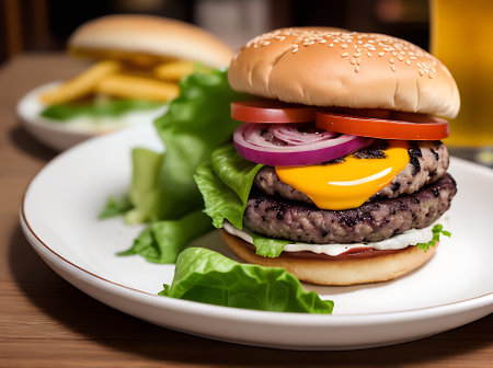 Realistic burger with neutral colors highly detailed and warm lighting creating a cozy atmosphere in an empty restaurant captured in a closeup shot. Generative AI Generatedの素材