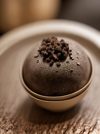 Cozy restaurant with warm lighting highly detailed decor and a neutral color palette serving realistic truffle dishes captured in an extreme long shot without people. Generative AI Generatedの素材