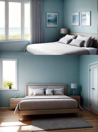 Bedrooms interior is designed with a coastal theme basking in beautiful sunlight. Generative AI Generatedの素材