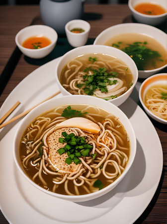 Cozy atmosphere and highly detailed restaurant serving realistic ramen soup with neutral color palette and warm lighting. Nobody in extreme long shot. Generative AI Generatedの素材