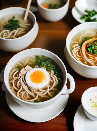 Detailed cozy restaurant with warm lighting and neutral color palette serving realistic ramen soup. No customers closeup. Generative AI Generatedの素材